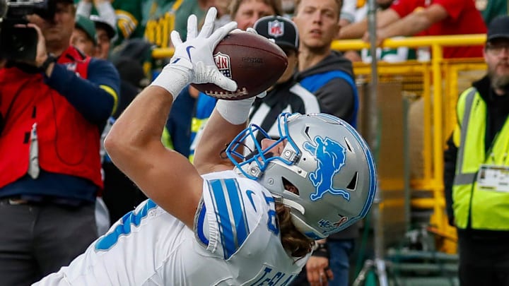 Detroit Lions wide receiver Isaac TeSlaa (18) catches a touchdown pass against the Green Bay Packers on Sunday, September 7, 2025, at Lambeau Field in Green Bay, Wis. The Packers won the game, 27-13.
Tork Mason/USA TODAY NETWORK-Wisconsin