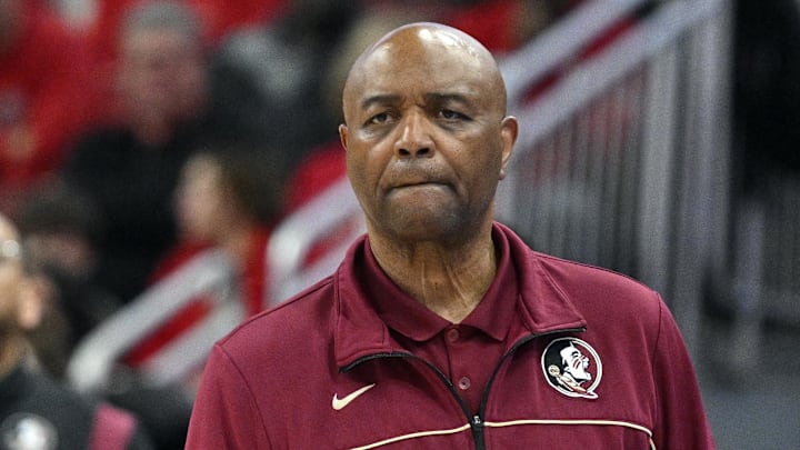 Feb 4, 2023; Louisville, Kentucky, USA;  Florida State Seminoles head coach Leonard Hamilton watches from the sideline during the second half against the Louisville Cardinals at KFC Yum! Center. Florida State defeated Louisville 81-78. Mandatory Credit: Jamie Rhodes-Imagn Images