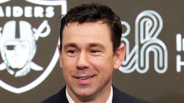 Feb 10, 2026; Henderson, NV, USA; Las Vegas Raiders coach Klint Kubiak speaks at introductory press conference at Intermountain Health Performance Center. Mandatory Credit: Kirby Lee-Imagn Images