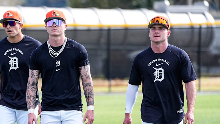 From left, Detroit Tigers outfielder Ben Malgeri, outfielder Trei Cruz, outfielder Max Clark and infielder Kevin McGonigle practice during spring training at TigerTown in Lakeland, Fla. on Monday, Feb. 16, 2026.