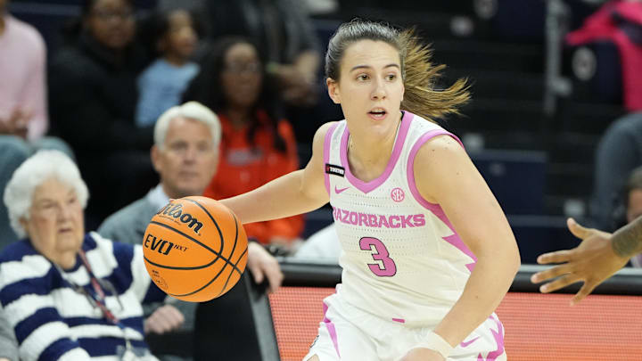 Izzy Higginbottom handles the ball against the Auburn Tigers. Arkansas won 59-58 for its first SEC win. 