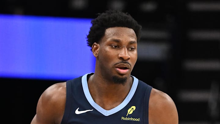 Jan 28, 2026; Memphis, Tennessee, USA; Memphis Grizzlies power forward Jaren Jackson Jr. (8) dribbles down the court in the first quarter against the Charlotte Hornets at FedExForum. Mandatory Credit: Matthew Smith-Imagn Images