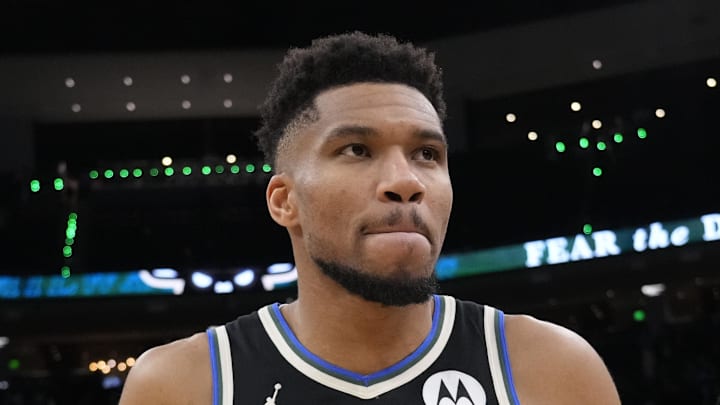 Jan 23, 2026; Milwaukee, Wisconsin, USA;  Milwaukee Bucks forward Giannis Antetokounmpo (34) walks from the court following the game against the Denver Nuggets at Fiserv Forum. Mandatory Credit: Jeff Hanisch-Imagn Images