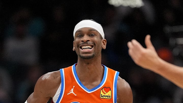 Dec 28, 2024; Charlotte, North Carolina, USA; Oklahoma City Thunder guard Shai Gilgeous-Alexander (2) brings the ball up court against the Charlotte Hornets during the second half at Spectrum Center. Mandatory Credit: Jim Dedmon-Imagn Images Dec 28, 2024; Charlotte, North Carolina, USA; Oklahoma City Thunder guard Shai Gilgeous-Alexander (2) brings the ball up court against the Charlotte Hornets during the second half at Spectrum Center. Mandatory Credit: Jim Dedmon-Imagn Images
