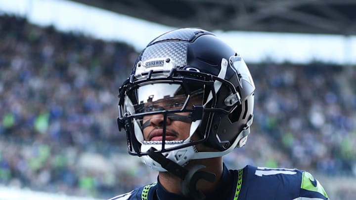 Seattle Seahawks wide receiver Jaxon Smith-Njigba celebrates after scoring a touchdown.