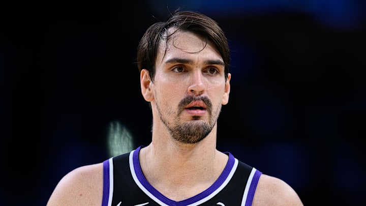 Oct 17, 2025; Los Angeles, California, USA; Sacramento Kings forward Dario Saric (20) looks on during the second half against the Los Angeles Lakers at Crypto.com Arena. Mandatory Credit: William Liang-Imagn Images