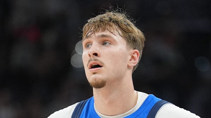 Dallas Mavericks forward Cooper Flagg looks on in the first half against the San Antonio Spurs.