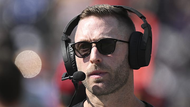 Oct 13, 2024; Baltimore, Maryland, USA;  Washington Commanders offensive coordinator Kliff Kingsbury on the sidelines during the first half against the Baltimore Ravens at M&T Bank Stadium. Mandatory Credit: Tommy Gilligan-Imagn Images