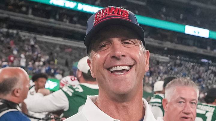 New York Giants head coach John Harbaugh smiles after a game between the New York Giants and the New York Jets at MetLife Stadium, Aug 28, 2026, East Rutherford, NJ, USA.