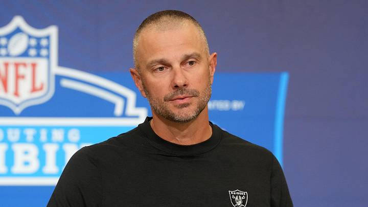 Feb 24, 2026; Indianapolis, IN, USA; Las Vegas Raiders general manager John Spytek speaks at the NFL Scouting Combine at the Indiana Convention Center. Mandatory Credit: Kirby Lee-Imagn Images