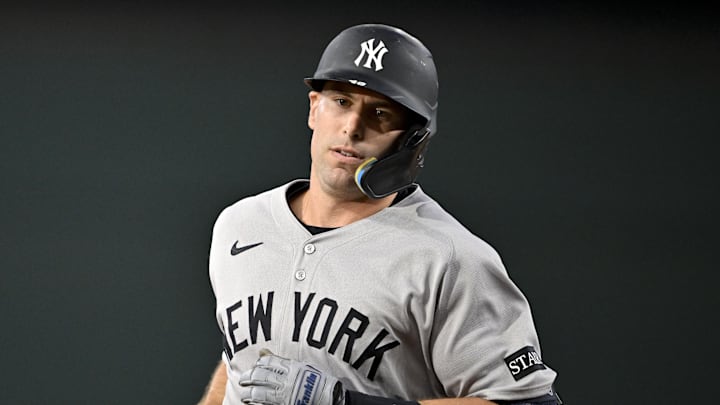 Aug 4, 2025; Arlington, Texas, USA; New York Yankees first baseman Paul Goldschmidt (48) rounds the bases after he hits a leadoff home run against the Texas Rangers during the first inning at Globe Life Field. Mandatory Credit: Jerome Miron-Imagn Images