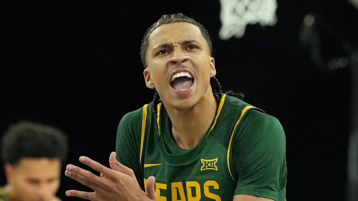Nov 25, 2025; Las Vegas, Nevada, USA; Baylor Bears guard Cameron Carr (43) reacts in a 2025 Players Era Festival group play game against the St. John's Red Storm at Michelob Ultra Arena. Mandatory Credit: Kirby Lee-Imagn Images