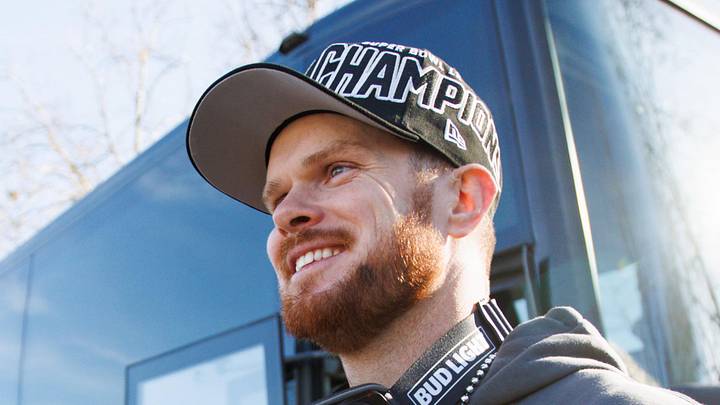 Seattle Seahawks quarterback Sam Darnold reacts during the Super Bowl LX parade