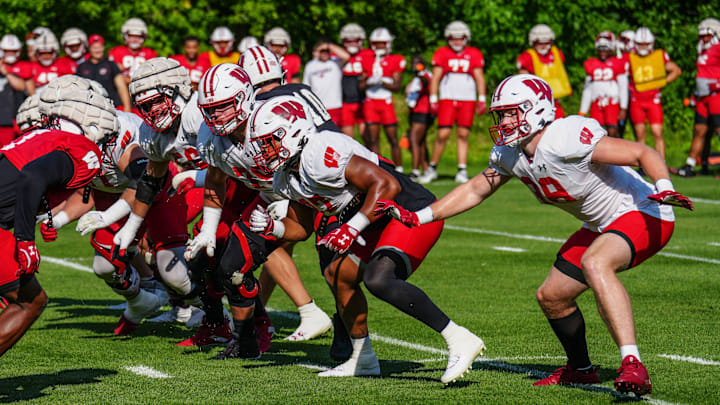 Badgers football players practice Wednesday, August 14, 2024 in Madison, Wisconsin.