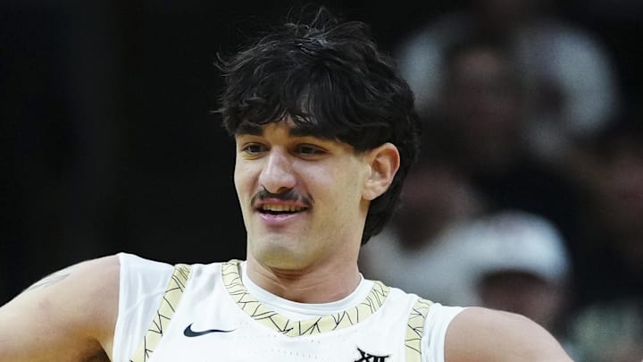 Jan 24, 2026; Boulder, Colorado, USA; Colorado Buffaloes forward Alon Michaeli (3) reacts to a score in the first half against the UCF Knights at the CU Events Center.