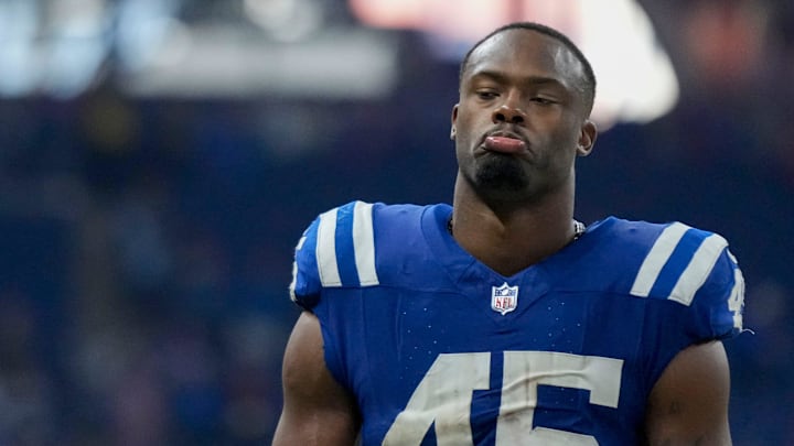 Indianapolis Colts linebacker E.J. Speed (45) walks off the field Sunday, Nov. 10, 2024, after losing 30-20 to the Buffalo Bills at Lucas Oil Stadium in Indianapolis.