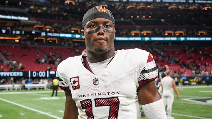 Oct 15, 2023; Atlanta, Georgia, USA; Washington Commanders wide receiver Terry McLaurin (17) after a game against the Atlanta Falcons at Mercedes-Benz Stadium. Mandatory Credit: Brett Davis-Imagn Images