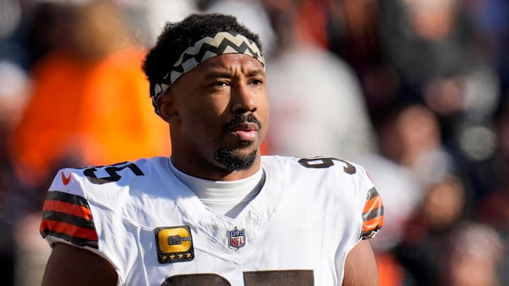 Cleveland Browns defensive end Myles Garrett (95) walks on to the field after a timeout in the first quarter of the NFL Week 18 game between the Cincinnati Bengals and the Cleveland Browns at Paycor Stadium in Downtown Cincinnati on Sunday, Jan. 4, 2026.