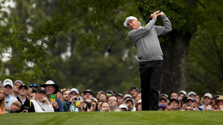 Apr 9, 2024; Augusta, Georgia, USA; Fred Couples tees off on the fourth hole during a practice round Apr 9, 2024; Augusta, Georgia, USA; Fred Couples tees off on the fourth hole during a practice round
