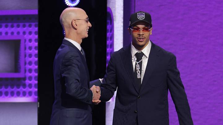 Jun 23, 2026; New York, NY, USA; NBA commissioner Adam Silver greets the seventh pick in the 2026 NBA draft, Arkansas guard Darius Acuff Jr. after he was selected by the Sacramento Kings at Barclays Center. Mandatory Credit: Brad Penner-Imagn Images