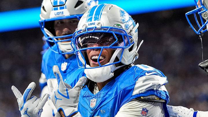 Detroit Lions running back Jahmyr Gibbs (0) celebrates a touchdown against New York Jets during the second half at Ford Field in Detroit on Sunday, Sept. 27, 2026.