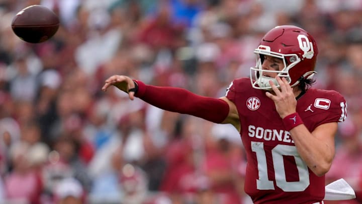 Oklahoma quarterback John Mateer drops back to pass against Mississippi.