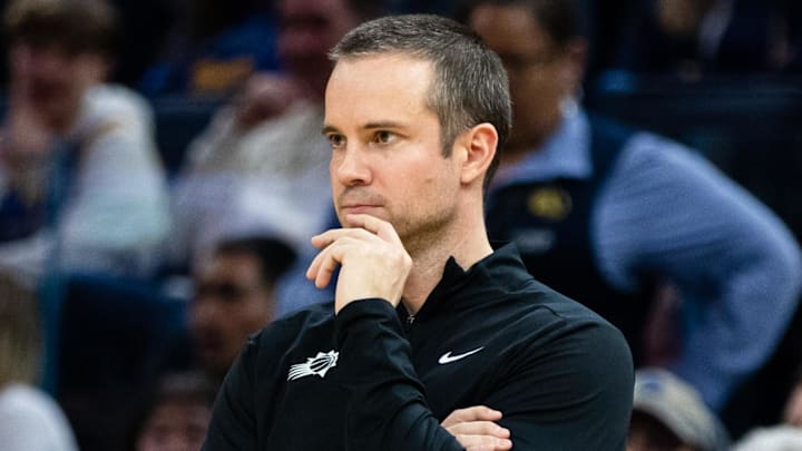 Dec 20, 2025; San Francisco, California, USA; Phoenix Suns head coach Jordan Ott watches the game against the Golden State Warriors during the second quarter at Chase Center. Mandatory Credit: John Hefti-Imagn Images