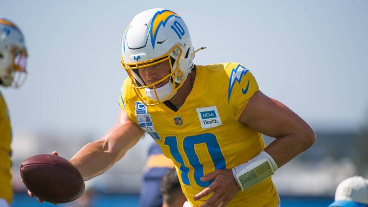 Los Angeles Chargers quarterback Justin Herbert during practice. Los Angeles Chargers quarterback Justin Herbert during practice.