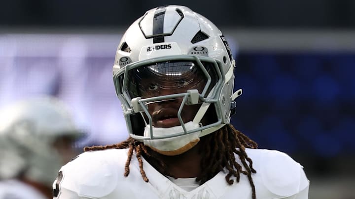 Nov 30, 2025; Inglewood, California, USA; Las Vegas Raiders running back Ashton Jeanty (2) practices before the game at SoFi Stadium. Mandatory Credit: Kiyoshi Mio-Imagn Images