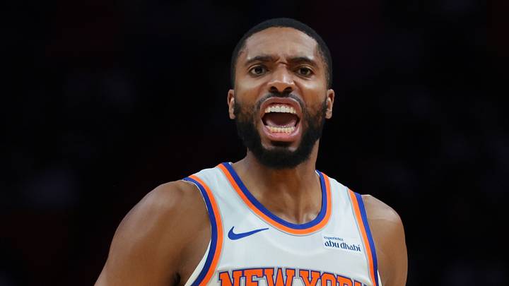 Oct 26, 2025; Miami, Florida, USA; New York Knicks guard Mikal Bridges (25) reacts against the Miami Heat during the first quarter at Kaseya Center. Mandatory Credit: Sam Navarro-Imagn Images