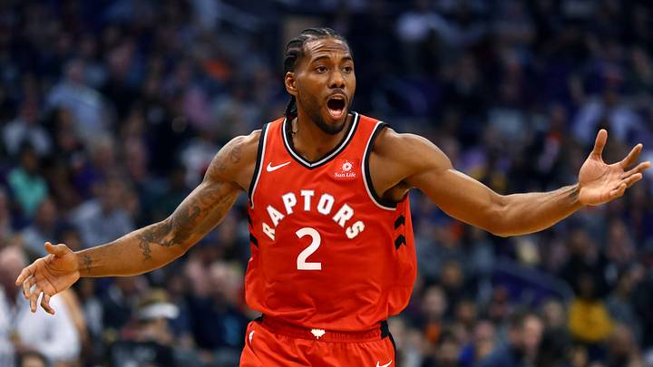 Nov 2, 2018; Phoenix, AZ, USA; Toronto Raptors forward Kawhi Leonard (2) reacts against the Phoenix Suns at Talking Stick Resort Arena. Mandatory Credit: Mark J. Rebilas-USA TODAY Sports