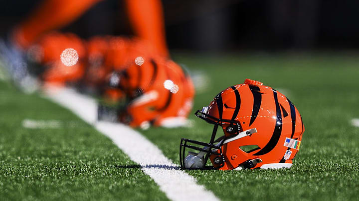 Dec 1, 2024; Cincinnati, Ohio, USA; A general view of a Cincinnati Bengals helmet during warmups before the game against the Pittsburgh Steelers at Paycor Stadium. Mandatory Credit: Katie Stratman-Imagn Images