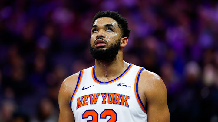 Jan 14, 2026; Sacramento, California, USA; New York Knicks center Karl-Anthony Towns (32) looks up during the third quarter against the Sacramento Kings at Golden 1 Center. Mandatory Credit: Sergio Estrada-Imagn Images
