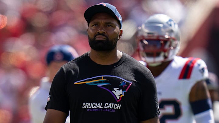 Sep 29, 2024; Santa Clara, California, USA; New England Patriots head coach Jerod Mayo during warmups before the start of the game against the San Francisco 49ers at Levi's Stadium. Mandatory Credit: Neville E. Guard-Imagn Images