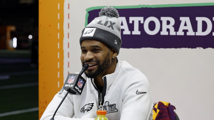 Philadelphia Eagles cornerback Darius Slay Jr. (2) talks to the media during Super Bowl LIX Opening Night