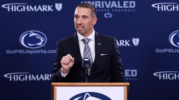 Dec 8, 2025; University Park, PA, USA; Matt Campbell is announced as the Penn State Nittany Lions new head coach during a press conference at the Beaver Stadium Press Room. Mandatory Credit: Matthew O'Haren-Imagn Images
