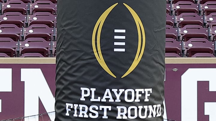 Dec 20, 2025; College Station, TX, USA; A detail view of College Football Playoffs logo on a goal post at Kyle Field prior to the game between the Miami Hurricanes and the Texas A&M Aggies. Mandatory Credit: Maria Lysaker-Imagn Images