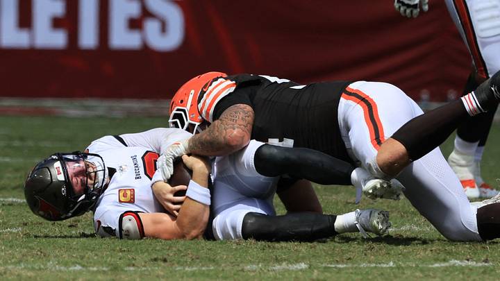 Sep 20, 2026; Tampa, Florida, USA; Cleveland Browns defensive tackle Mason Graham (94) sacks Tampa Bay Buccaneers quarterback Baker Mayfield (6) during the second half at Raymond James Stadium. Mandatory Credit: Kim Klement Neitzel-Imagn Images Sep 20, 2026; Tampa, Florida, USA; Cleveland Browns defensive tackle Mason Graham (94) sacks Tampa Bay Buccaneers quarterback Baker Mayfield (6) during the second half at Raymond James Stadium. Mandatory Credit: Kim Klement Neitzel-Imagn Images