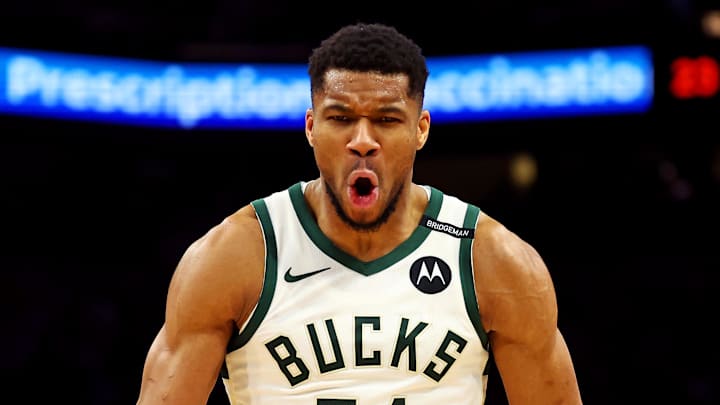 Mar 24, 2025; Phoenix, Arizona, USA; Milwaukee Bucks forward Giannis Antetokounmpo (34) reacts after a play during the second quarter against the Phoenix Suns at Footprint Center. Mandatory Credit: Mark J. Rebilas-Imagn Images