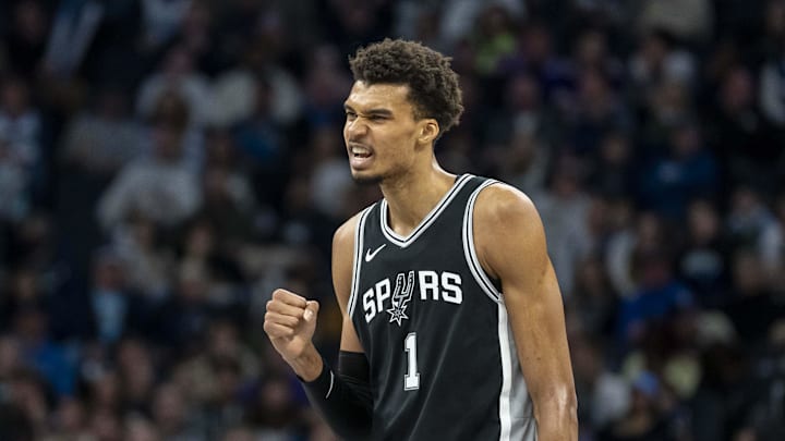 Dec 29, 2024; Minneapolis, Minnesota, USA; San Antonio Spurs center Victor Wembanyama (1) celebrates after making a shot against the Minnesota Timberwolves in the second half at Target Center. Mandatory Credit: Jesse Johnson-Imagn Images Dec 29, 2024; Minneapolis, Minnesota, USA; San Antonio Spurs center Victor Wembanyama (1) celebrates after making a shot against the Minnesota Timberwolves in the second half at Target Center. Mandatory Credit: Jesse Johnson-Imagn Images