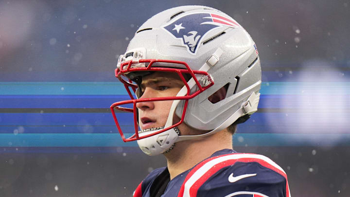 Jan 18, 2026; Foxborough, MA, USA; New England Patriots quarterback Drake Maye (10) warms up before an AFC Divisional Round game against the Houston Texans at Gillette Stadium. Mandatory Credit: David Butler II-Imagn Images