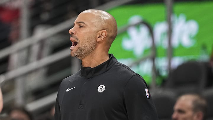 Feb 22, 2026; Atlanta, Georgia, USA; Brooklyn Nets head coach Jordi Fernandez on the bench during the game against the Atlanta Hawks during the first half at State Farm Arena. Mandatory Credit: Dale Zanine-Imagn Images