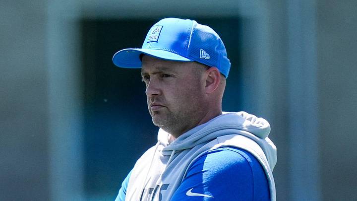 Detroit Lions offensive coordinator Drew Petzing, right, watches practice next to pass game specialist David Shaw during OTAs at Meijer Performance Center in Allen Park on Friday, May 29, 2026.