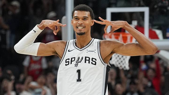 Oct 26, 2025; San Antonio, Texas, USA; San Antonio Spurs forward Victor Wembanyama (1) celebrates a three-point shot in the second half against the Brooklyn Nets at Frost Bank Center. Mandatory Credit: Daniel Dunn-Imagn Images