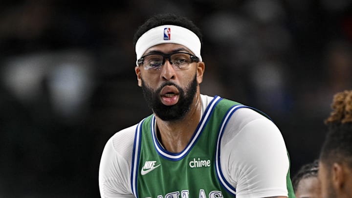 Oct 26, 2025; Dallas, Texas, USA; Dallas Mavericks forward Anthony Davis (3) looks to hand the ball off to guard D'Angelo Russell (5) during the second quarter against the Toronto Raptors at the American Airlines Center. Mandatory Credit: Jerome Miron-Imagn Images