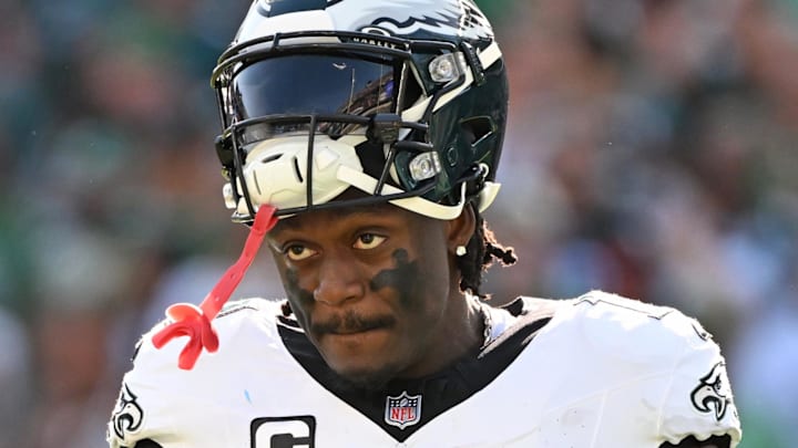 Sep 21, 2025; Philadelphia, Pennsylvania, USA; Philadelphia Eagles wide receiver AJ. Brown (11) and running back Saquon Barkley (26) during the fourth quarter against the Los Angeles Rams at Lincoln Financial Field. Mandatory Credit: Eric Hartline-Imagn Images