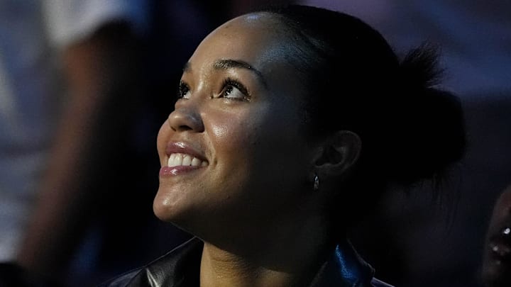 Jun 21, 2025; Minneapolis, Minnesota, USA; Minnesota Lynx forward Napheesa Collier (24) watches introductions before the game with the Los Angeles Sparks at Target Center. Mandatory Credit: Bruce Kluckhohn-Imagn Images