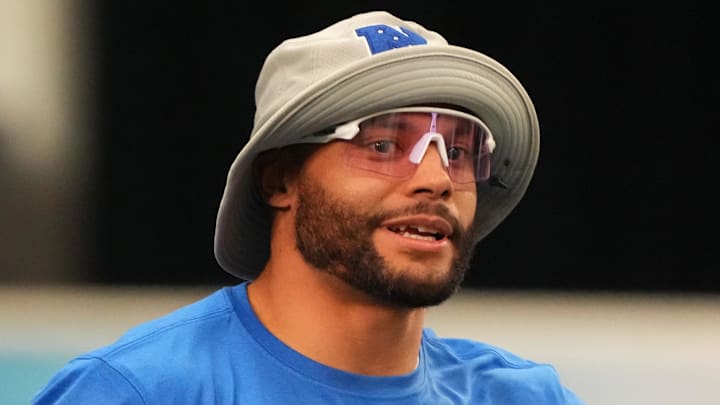 Feb 1, 2026; San Francisco, CA, USA; Dallas Cowboys quarterback Dak Prescott (4) during NFC practice at the Flag Fieldhouse Moscone Center South Building. Mandatory Credit: Kirby Lee-Imagn Images
