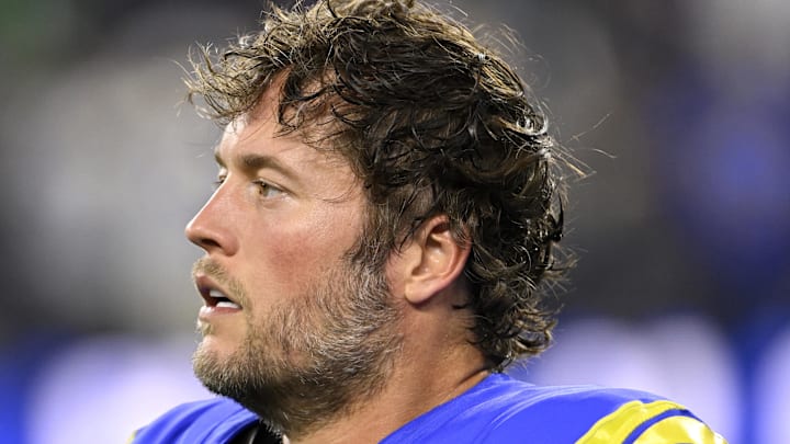 Nov 24, 2024; Inglewood, California, USA; Los Angeles Rams quarterback Matthew Stafford (9) walks off the field during warmups before a game against the Philadelphia Eagles at SoFi Stadium. Mandatory Credit: Alex Gallardo-Imagn Images Nov 24, 2024; Inglewood, California, USA; Los Angeles Rams quarterback Matthew Stafford (9) walks off the field during warmups before a game against the Philadelphia Eagles at SoFi Stadium. Mandatory Credit: Alex Gallardo-Imagn Images