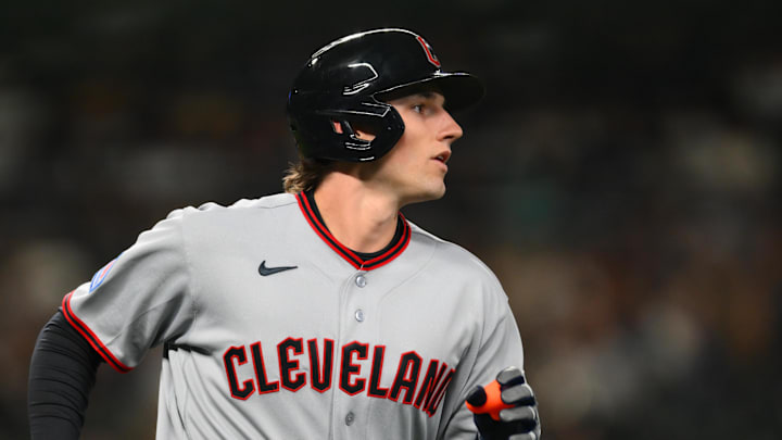 Mar 26, 2026; Seattle, Washington, USA; Cleveland Guardians right fielder Chase DeLauter (24) runs the bases after hitting a home run against the Seattle Mariners during the ninth inning at T-Mobile Park. Mandatory Credit: Steven Bisig-Imagn Images